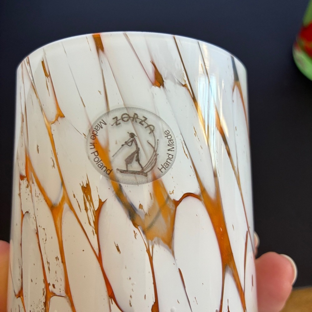 Zorza Glass Tumbler White Orange Hand Made Poland Art Glass MCM Barware - Picture 5 of 7